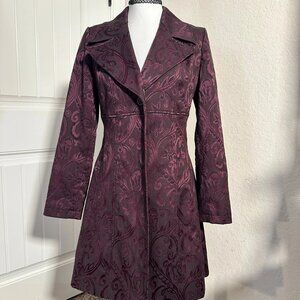 EUC Vintage Bisou Bisou Purple Metallic Floral Brocade Midi Tench Coat